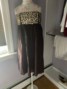 Strapless Brown Midi Dress with Gold Disc Detail